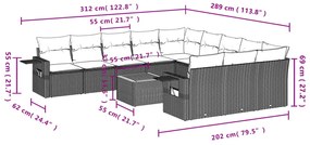 12 pcs conjunto de sofás de jardim c/ almofadões vime PE preto