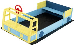 Caixa de areia infantil em madeira de abeto com forma de carro 160 x 86 x 58 cm, assento com base aberta e forro inferior, para praia, pátio ou jardim