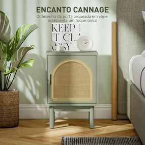 Mesa de Cabeceira com Porta de Vime Prateleira Ajustável e Pés de Madeira Estilo Boémio Mesa Auxiliar 40x35x58 cm Verde