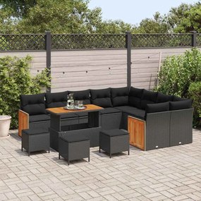 Conjunto de Sofá de Jardim vidaXL com Almofadas Preto Vime Sintético de Acácia