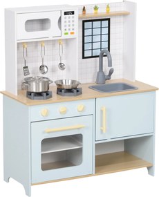 Cozinha de Madeira para Crianças acima de 3 Anos Cozinha de Brincar Infantil com Som Fogão Lavatório Micro-Ondas e Acessórios Azul