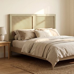 Cabeceira de Madeira com Efeito Rattan, Design Boho, para Quarto, 140 x 4 x 87 cm, Cor Carvalho