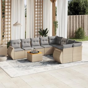 9 pcs conjunto de sofás p/ jardim com almofadões vime PE bege