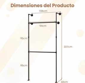 Cabideiro de Parede para Roupa, 106 x 32 x 227 cm, 2 Barras para Pendurar, Preto