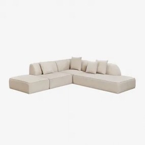 Sofá De Canto Modular Cardea De 3 Peças Com Chaise Longue Direita E Pufe Estofado Chenille Beige Creme - Sklum
