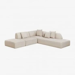 Sofá Modular De Canto Em 3 Peças Com Chaise Longue Direita E Puff Estofado Cardea Chenille Bege Creme - Sklum