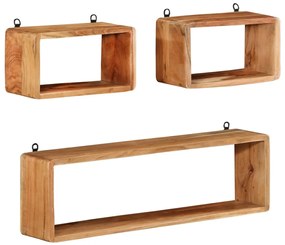 3 pcs conj. prateleiras parede cúbicas madeira de acácia maciça