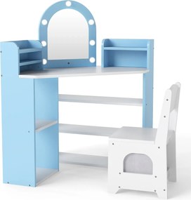 Toucador infantil de canto com luzes e cadeira princesa com 3 estantes de armazenamento 5 compartimentos abertos Acessórios Branco e Azul
