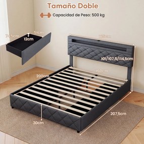 Estrutura de cama 160x200 cm (COLCHÃO NÃO INCLUIDO) com LED USB, estofado, gavetas, cabeceira ajustável, espaço de arrumação, ripas de madeira, não ne