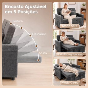 Sofá-cama 2 Lugares 3 em 1 com Encosto Ajustável em 5 Posições Bolsos Laterais e 2 Almofadas Cinza