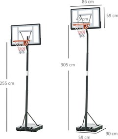 Cesto de Basquetebol Portátil Ajustável em Altura com Base Recarregável para Crianças e Adultos 86x165x302-352 cm Preto