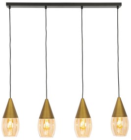 Candeeiro suspenso moderno dourado com vidro âmbar 4 luzes - Drop Moderno