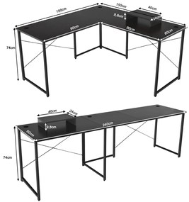 Secretária Mesa de computador de canto reversível em forma de L para computador com furos para cabos para casa escritório 150 x 150 x 74 cm Preta