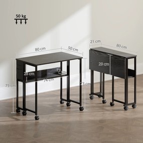 Secretária Dobrável com Rodas Prateleira e Bolso de Armazenamento Ideal para Espaços Pequenos 80x50x75 cm Preto