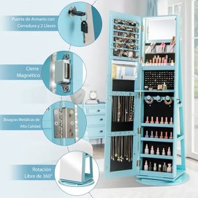 Armário joias giratório com Espelho de corpo inteiro 360° com luzes LED Prateleiras de armazenamento 54,5 x 161 cm Azul