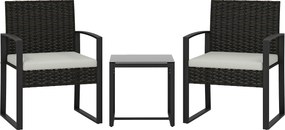 Outsunny Conjunto de Móveis de Jardim de 3 peças em Vime PE com Cadeiras Mesa de Vidro Temperado e Almofadas Castanho e Creme | Aosom Portugal