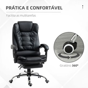 Cadeira de Escritório Reclinável Cadeira Executiva Giratória com Altura Ajustável Estofada em PU 64,5x69x109-117 cm Preto