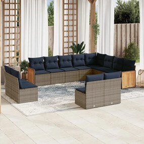 vidaXL 12 pcs conjunto sofás p/ jardim c/ almofadões vime PE cinzento