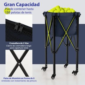 Carrinho de bola de tênis dobrável com rodas de cesta de alumínio leve saco removível capacidade 150 bolas Azul