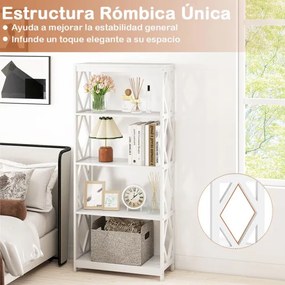 Estante de 5 níveis em madeira 70 x 30 x 155 cm com Estrutura romboidal para escritório, sala ou quarto Branco