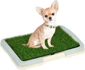 Caixa de areia para cães com tapete de relva artificial, tabuleiro e painel de rede, 46,5 x 34 cm