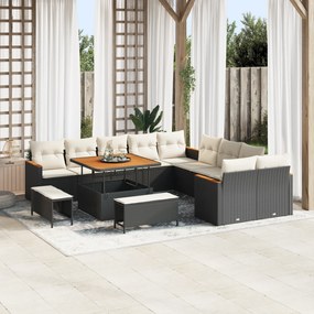 Conjunto de Sofá de Jardim de 13 Peças com Almofadas Preto Vime PE Acácia
