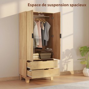 Guarda roupa de quarto 80 x 50 x 180 cm com 2 portas com fecho suave, 2 gavetas e barra para pendurar roupa, madeira natural