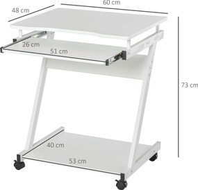 Mesa de Computador com Rodas 60x48 cm com Gaveta Deslizante para Teclado e Prateleira Inferior Estrutura Metálica Branca