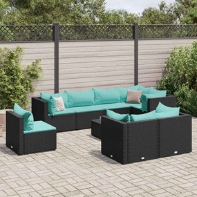 vidaXL 9 pcs conjunto lounge de jardim c/ almofadões vime PE preto