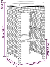 Bancos de bar para jardim com almofadões 6 pcs vime PE castanho