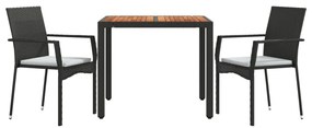 3 pcs conjunto de jantar p/ jardim c/ almofadões vime PE preto