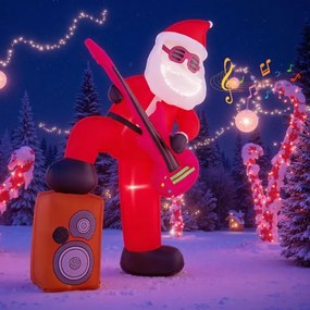Pai natal insuflável animado pré-iluminado 110 x 50 x 180 cm a tocar guitarra com música e efeito de canto com som sincronizado para interior e exteri