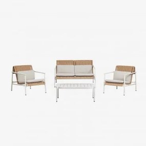 Conjunto De Jardim Com Sofá De 2 Lugares, 2 Poltronas E Mesa De Centro Em Alumínio E Rattan Sintético Duroli Branco Glacial - Sklum