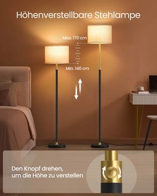 Candeeiro de pé com altura ajustável e abajur em tecido 30 x 30 x (140-170) cm dourado + preto