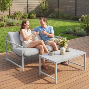 Conjunto de jardim de 2 peças, sofá com almofadas, mesa de centro em vidro temperado com efeito mármore 3D, 125 x 80 x 64 cm, cinzento claro
