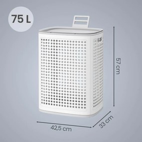 Cesto de roupa suja em plástico, cesto de 75 L, 42,5 x 33 x 57 cm branco-cinzento