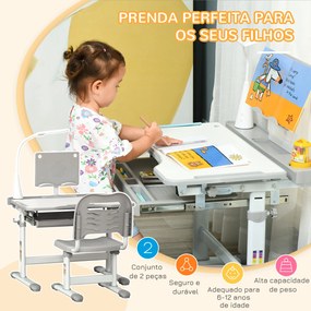 Conjunto de Secretária e Mesa para Crianças acima de 6 Anos com Altura Ajustável Mesa Inclinável e Lâmpada Cinza