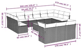 14 pcs conjunto sofás p/ jardim c/ almofadões vime PE cinzento