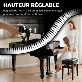 Banco com assento para piano, com baú integrado, altura ajustável, em madeira de seringueira, com assento revestido a material sintético preto