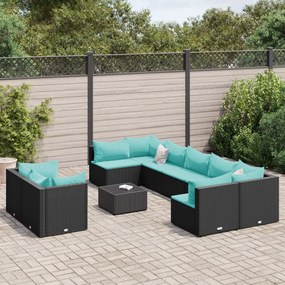 vidaXL 10 pcs conjunto sofás de jardim c/ almofadões vime PE preto