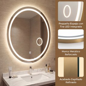 Espelho Oval de Banho, 60 x 50 x 4 cm, Iluminação LED Regulável, Cinzento prateado