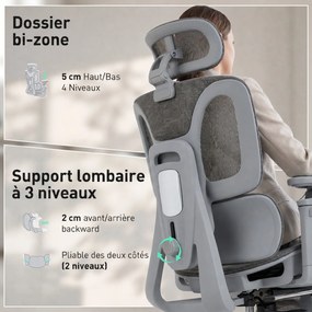 Cadeira de escritório ergonómica com braços, encosto 6D, apoio para a cabeça e profundidade do assento ajustáveis, em malha cinzenta