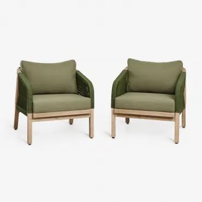 Pack De 2 Cadeirões De Jardim Em Madeira De Acácia Dubai Castanho Acácia Rústico & Tecido Verde Exército - Sklum