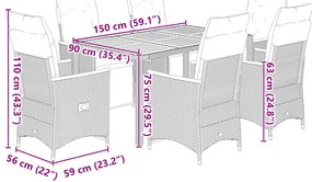 7 pcs conjunto de bistrô p/ jardim c/ almofadões vime PE preto
