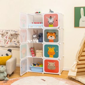 Armário modular portátil para crianças com 8 armarios e organizador de arrumação de brinquedos com desenhos animados 75 x 35 x 145 cm Branco