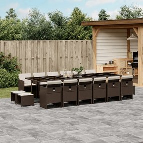 17 pcs conjunto jantar p/ jardim c/ almofadões vime PE castanho