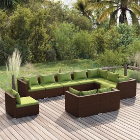 vidaXL 10 pcs conjunto lounge jardim c/ almofadões vime PE castanho