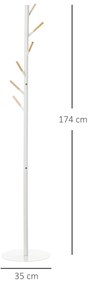 HOMCOM Cabide de Pé de Madeira Cabide de Pé com 6 Ganchos para Roupa Bolsas e Estrutura de Metal para Sala de Estar Entrada Dormitório 35x35x174cm Branco e Madeira