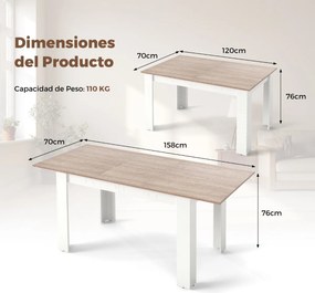 Mesa de jantar extensível moderna 158 x 70 x 76 cm (BANCOS NÃO INCLUIDOS) com pernas em L e superfície ajustável  110 kg  Branca e natural