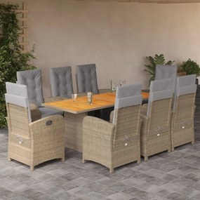 vidaXL 9 pcs conjunto de jantar p/ jardim com almofadões vime PE bege